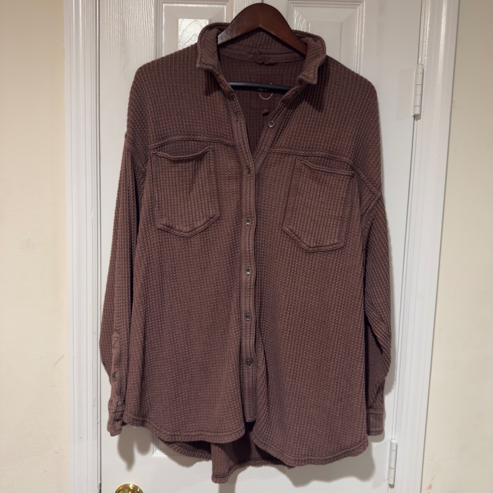 Aerie Waffle Knit Button Front Shirt Medium Tan Cozy Overshirt